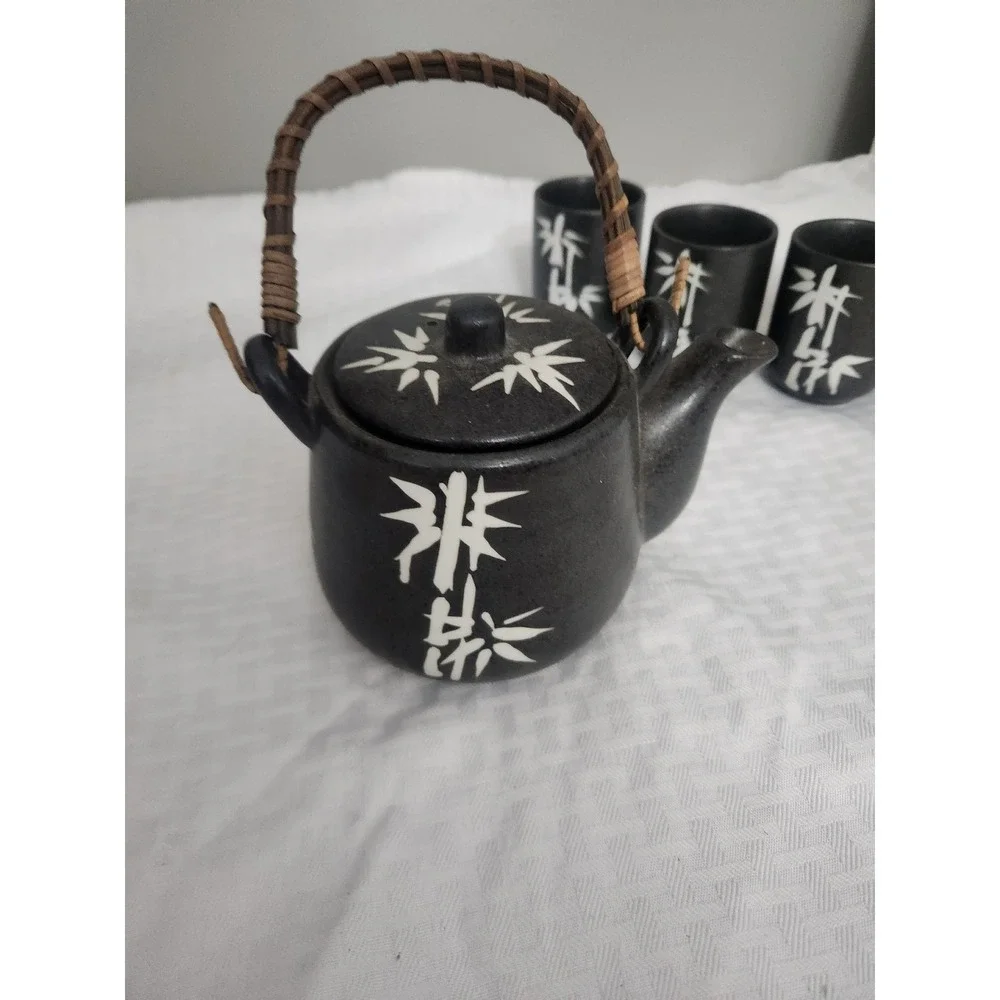 Black Ceramic Bamboo Tea Set with Rattan Handle 4 Cups and Infuser Japanese